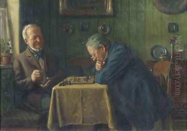 Head-to-head a game of chess Oil Painting by Max Barascudts