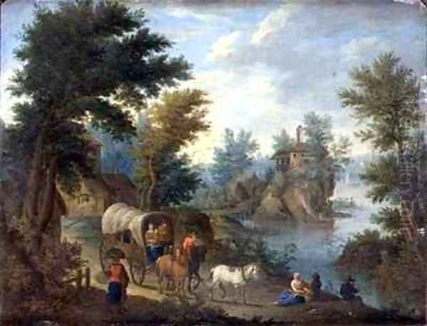 A wooded river landscape with travellers Oil Painting by Peeter van Bredael