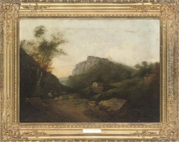 Figures On Horseback In An Extensive Landscape, With Cattle Andsheep Beside A River Oil Painting by John Henry Campbell