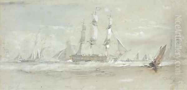 A frigate, Admiralty cutters and other shipping at Spithead Oil Painting by Sir Oswald Walters Brierly