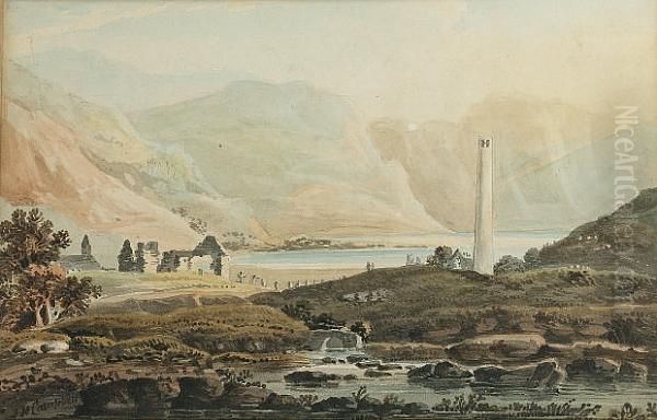 The Round Tower At Glendalough, Co Wicklow Oil Painting by John Henry Campbell