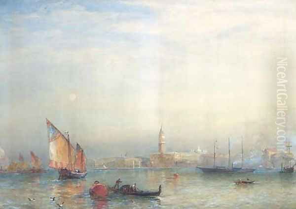 A view across the Venetian Lagoon, with the English steam yacht Cuhona announcing her arrival with a flaghoist Oil Painting by Sir Oswald Walters Brierly