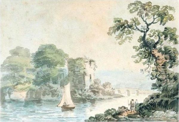 A Ruined Castle On A River Near A Bridge, Ireland Oil Painting by John Henry Campbell