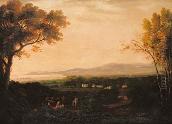 An Panoramic View Of Dublin With
 Peasants And Animals In Theforeground Before Aldborough House, In The 
Distance The Towers Andsteeples Of Dublin And The Sugar Loaf Beyond Oil Painting by John Henry Campbell