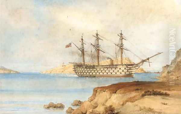 H.M.S. Royal Albert aground off the Aegean Island of Zea, 29th December, 1855 Oil Painting by Sir Oswald Walters Brierly