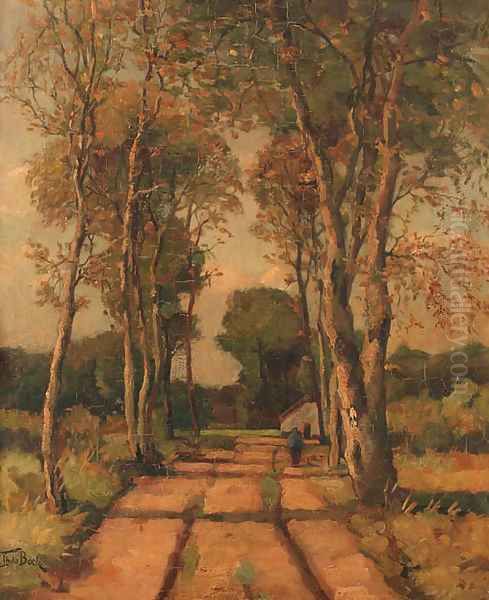 Sandy trail allined with birch trees Oil Painting by Theophile Emile Achille De Bock