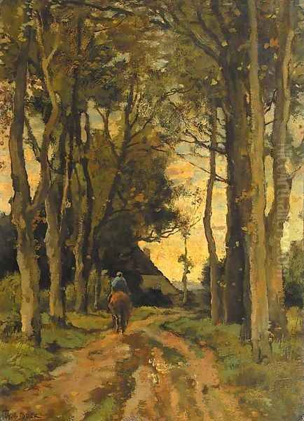 A horserider on a tree-lined lane Oil Painting by Theophile Emile Achille De Bock