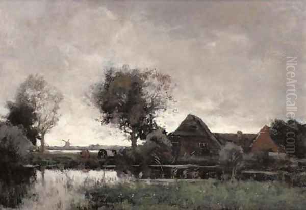 A polder landscape with a farm at dusk Oil Painting by Theophile Emile Achille De Bock