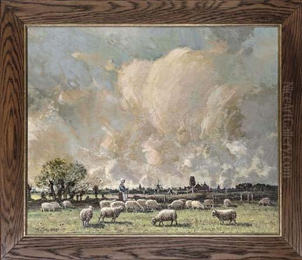 Tending The Flock, Damme Near Bruges Oil Painting by Thomas, Tom Campbell