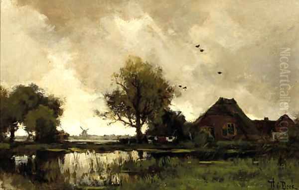 A stormy day a farm in a polder landscape Oil Painting by Theophile Emile Achille De Bock