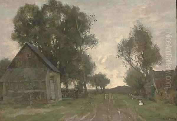 Farm buildings, the end of the day Oil Painting by Theophile Emile Achille De Bock