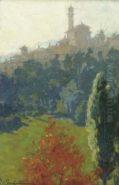 An Italianate Hillside Town Oil Painting by Alcide Davide Campestrini