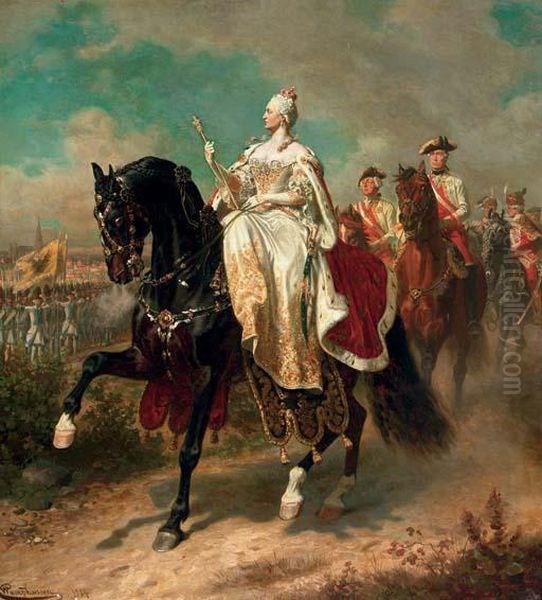 Empress Maria Theresia On Horseback Inspecting Austrian Troops Oil Painting by Wilhelm Camphausen