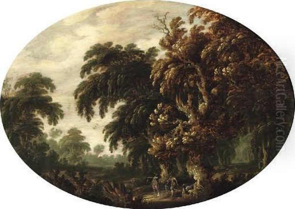 A Wooded Landscape With Figures Returning From The Hunt Oil Painting by Govert Dircksz. Camphuysen