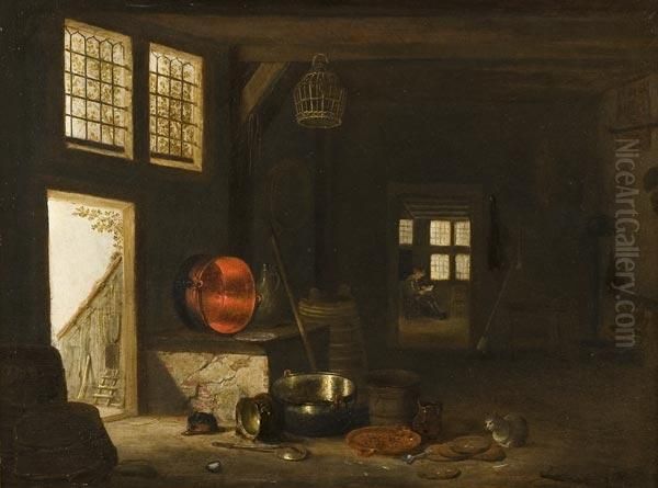 Interno Di Abitazione Con Stoviglie E Uomo In Lettura Oil Painting by Govert Dircksz. Camphuysen