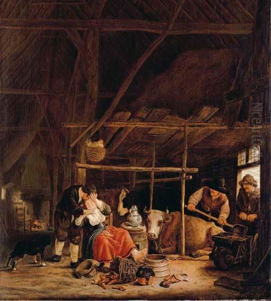 An Amorous Couple In A Barn With Herdsmen At The Door Oil Painting by Govert Dircksz. Camphuysen