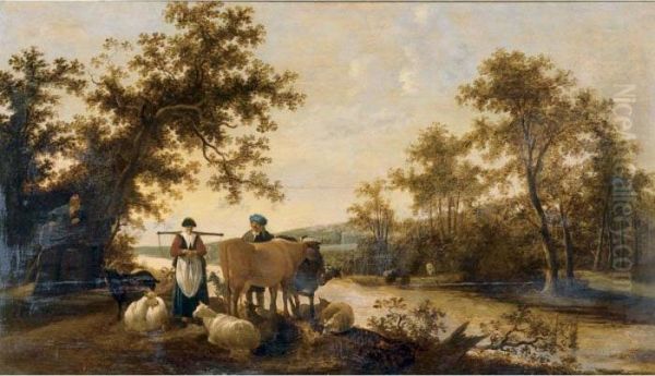 A River Landscape With Peasants And Livestock Oil Painting by Govert Dircksz. Camphuysen