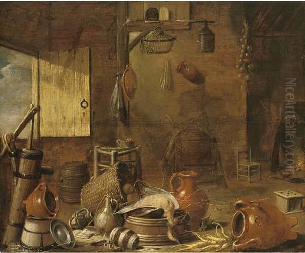 Earthenware, A Drake And Vegetables In A Barn, With A Woman Cookingat A Fire Oil Painting by Govert Dircksz. Camphuysen