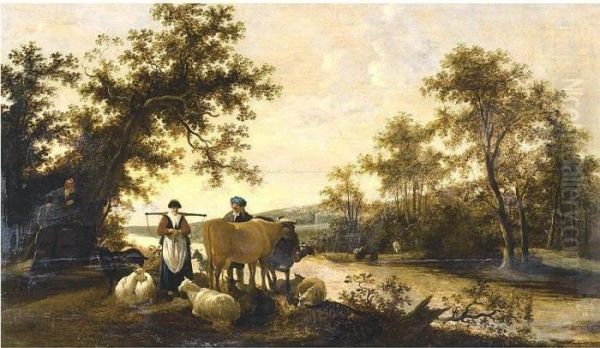 A River Landscape With Peasants And Livestock Oil Painting by Govert Dircksz. Camphuysen