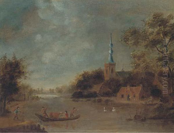 A Landscape With Drovers Crossing A River By Boat, A Churchbeyond Oil Painting by Govert Dircksz. Camphuysen