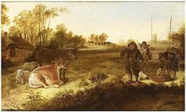 A Landscape With Fishermen Holding A Ducktrap, Cows And Sheep Nearby Oil Painting by Govert Dircksz. Camphuysen