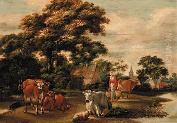 A Milkmaid With Cattle In A Landscape Oil Painting by Govert Dircksz. Camphuysen