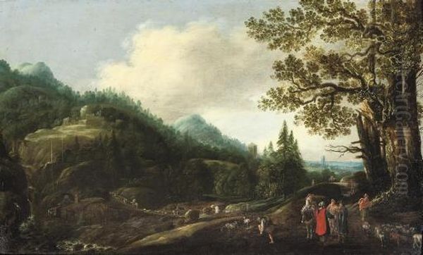 An Extensive Wooded Landscape With The Reconcilliation Of Jacob And Laban Oil Painting by Joachim Govertsz. Camphuysen