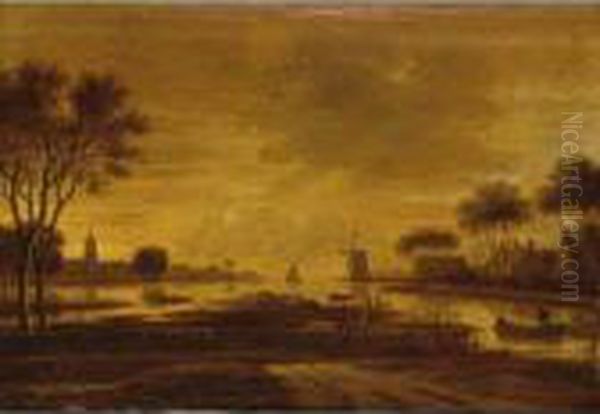 A River Landscape With A Village And A Windmill, A Boat With Fishermen To The Foreground Oil Painting by Joachim Govertsz. Camphuysen