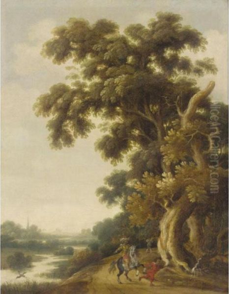 A Wooded Landscape With A Cavalier And A Dog Oil Painting by Joachim Govertsz. Camphuysen