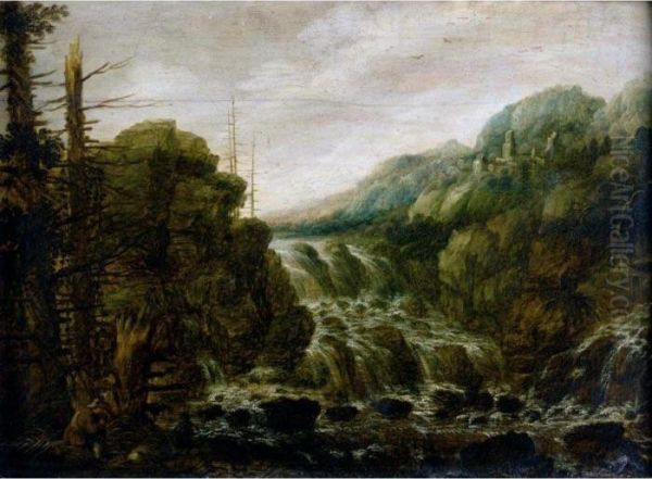 A Mountainous Wooded Landscape 
With A Man Resting Beside A Cascade, A Hill Top Town In The Distance Oil Painting by Joachim Govertsz. Camphuysen