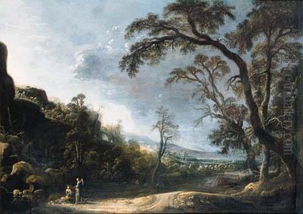 Tobias And The Angel In An Extensive Wooded, Mountainouslandscape Oil Painting by Joachim Govertsz. Camphuysen