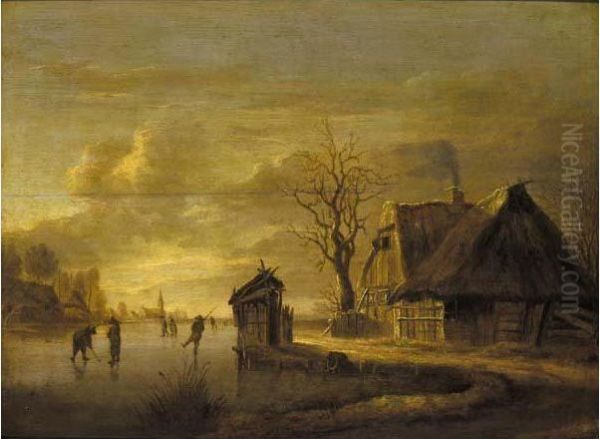 A Winter Landscape With Skaters Before A Cottage Oil Painting by Rafael Govertsz. Camphuysen