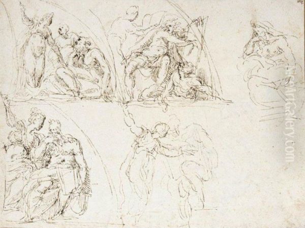 Recto: Four Studies For A 
Demi-lunette With A Sibyl And Prophet, And A Separate Study Of A Prophet
 Verso: Study Of A Seated Male Nude And Standing Nude Figure Oil Painting by Antonio Campi