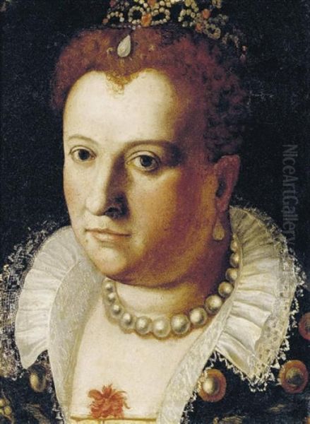 Portrait Of A Noblewoman, Bust-length, With A Pearl Necklace And A Jeweled Headdress Oil Painting by Bernardino Campi