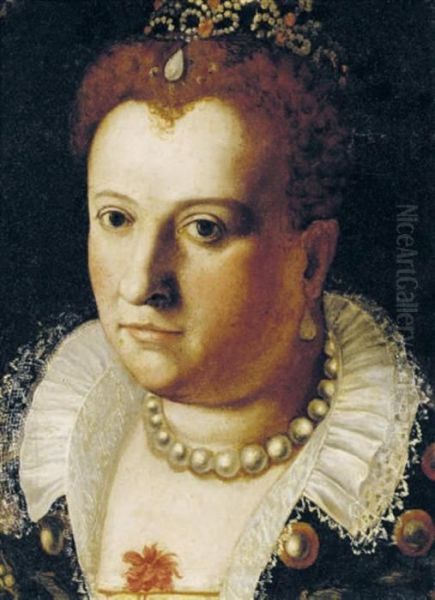 Portrait Of A Noblewoman, Bust-length, With A Pearl Necklace And Ajeweled Headdress Oil Painting by Bernardino Campi