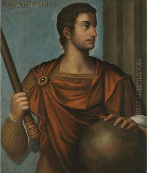 Portrait Of The Emperor 
Augustus, Half Length, Holding A Baton And Resting His Hand On A Globe Oil Painting by Bernardino Campi