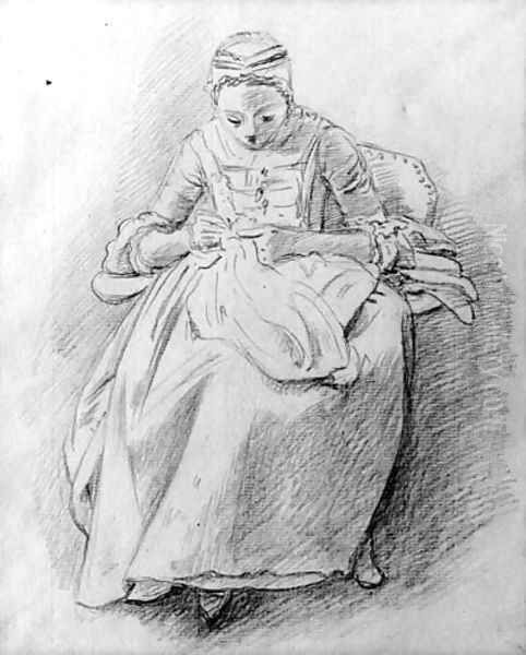 Study of a woman sewing, probably the artist's daughter Oil Painting by William Hoare Of Bath