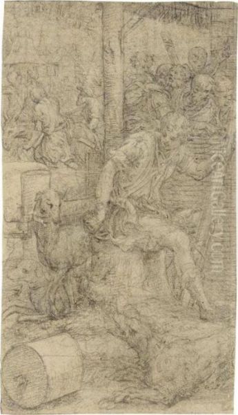 Young Shepherd On A Tree Trunk 
Three Dogs Beside Him Figures Beyond And Houses 
In The Background Oil Painting by Giulio Campi