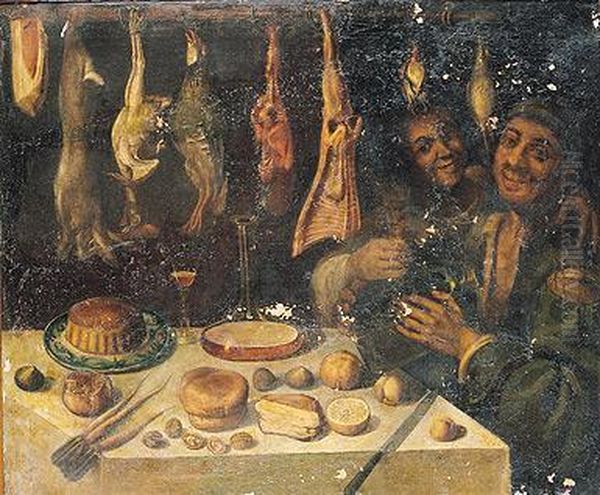 Bodegon De Cocina Con Carne Y Aves Colgando; A La Derecha Dos
 Figuras Oil Painting by Vincenzo Campi