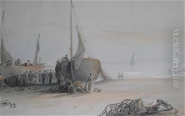 Fishermen On The Beach Hastings Oil Painting by George Bryant Campion