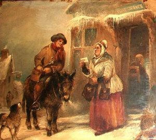 The Post Boy Delivering His Letters, In A Winter Scene Oil Painting by George Bryant Campion