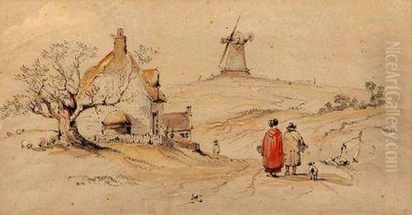 With Windmill Beyond Oil Painting by George Bryant Campion