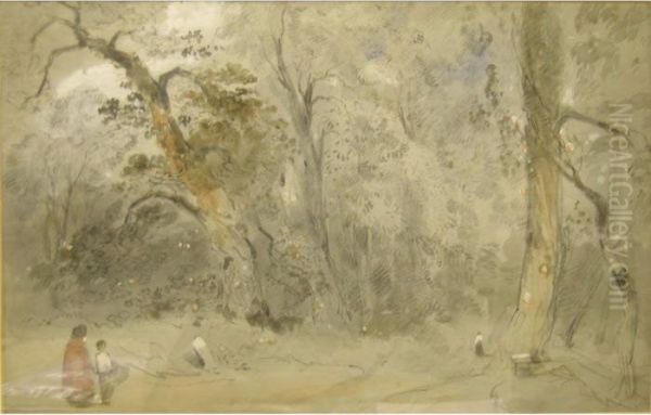 Woodland Scene With Figures, Pencil Oil Painting by George Bryant Campion