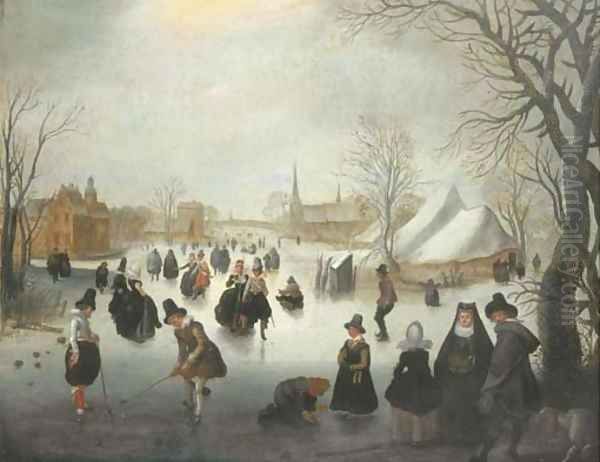 A winter landscape with elegant figures skating and playing kolf on a frozen river, a town beyond Oil Painting by Adam van Breen