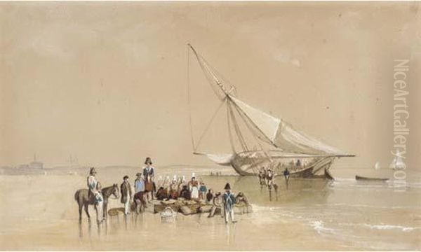 Unloading The Supplies On The Breton Coast, With Customs Men Checking The Cargo Oil Painting by George Bryant Campion