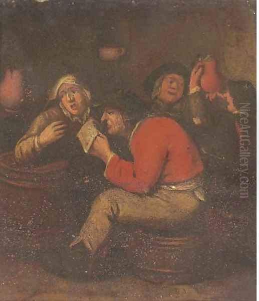 Peasants drinking and merrymaking in an interior Oil Painting by Adriaen Brouwer