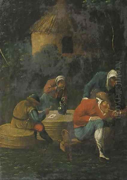 Peasants drinking and smoking by an inn at night Oil Painting by Adriaen Brouwer