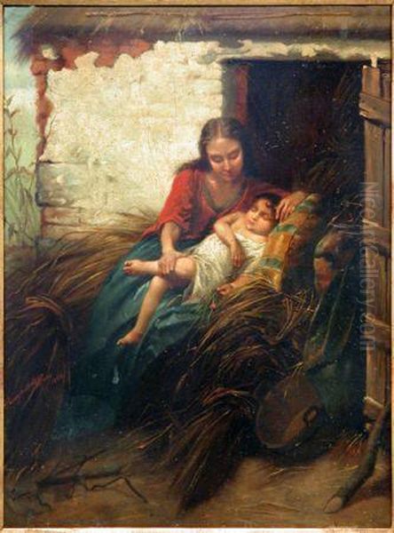 Mother And Her Sleeping Child Oil Painting by Henry Campotosto