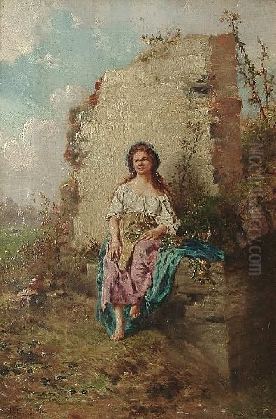 Portrait Of Young Woman In A 
Country Landscape With Flowers On Her Lap, A Ruined Wall Beyond Oil Painting by Henry Campotosto