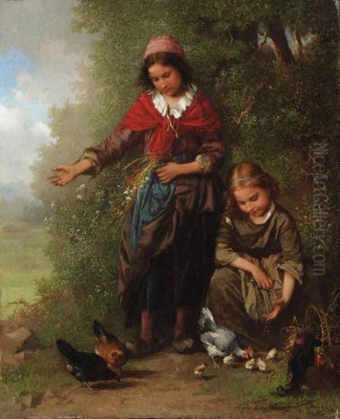 Feeding The Chickens Oil Painting by Henry Campotosto